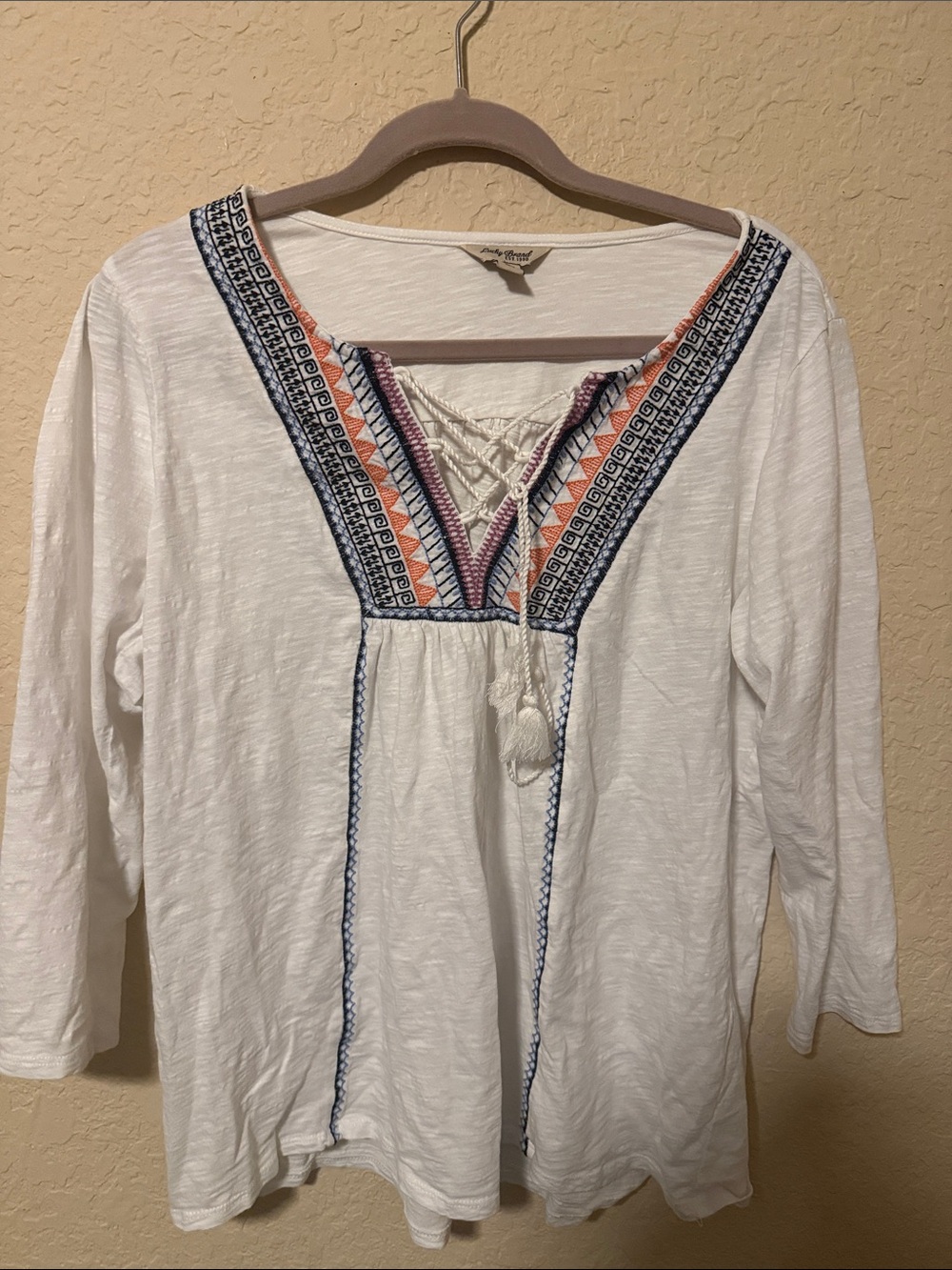 Lucky Brand White Peasant Top with Blue and Coral Trim